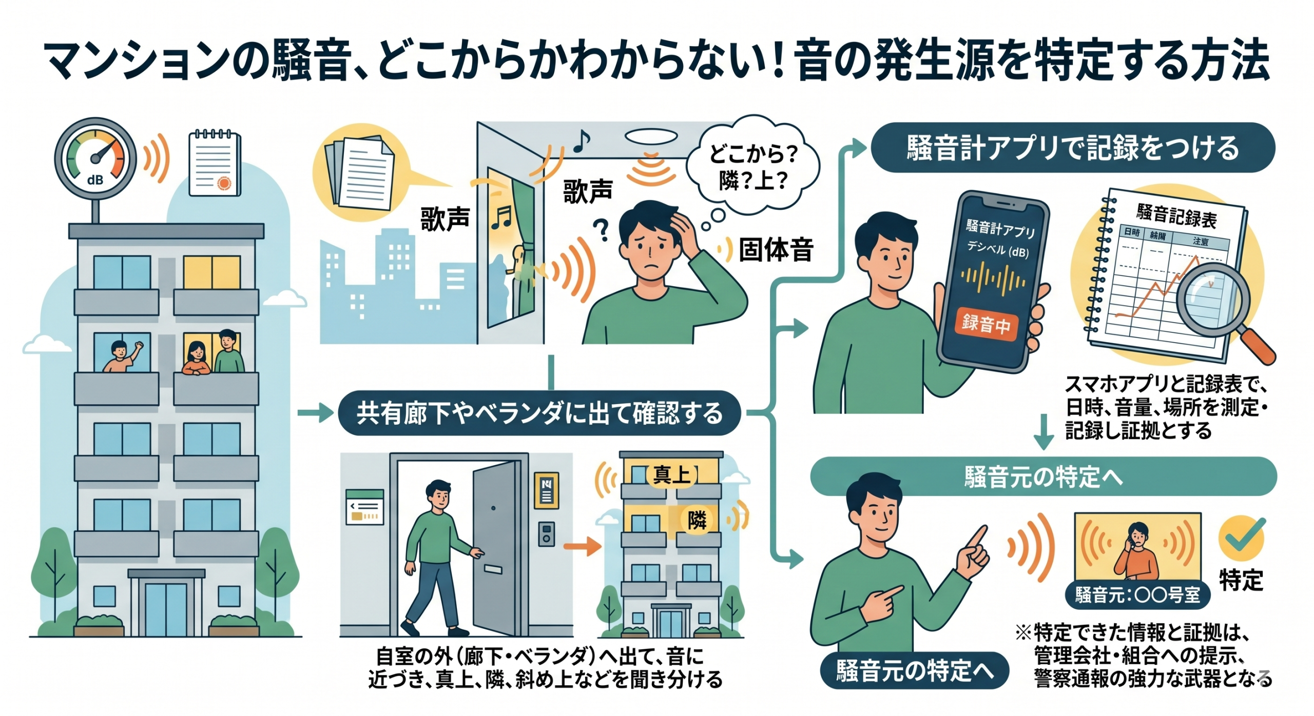 マンションの騒音源(歌声など)を特定する方法の図解。建物内を伝わる「固体音」で方向を錯覚しやすい理由と、共有廊下への外出や騒音計アプリでの記録によって発生源を特定する手順のイラスト