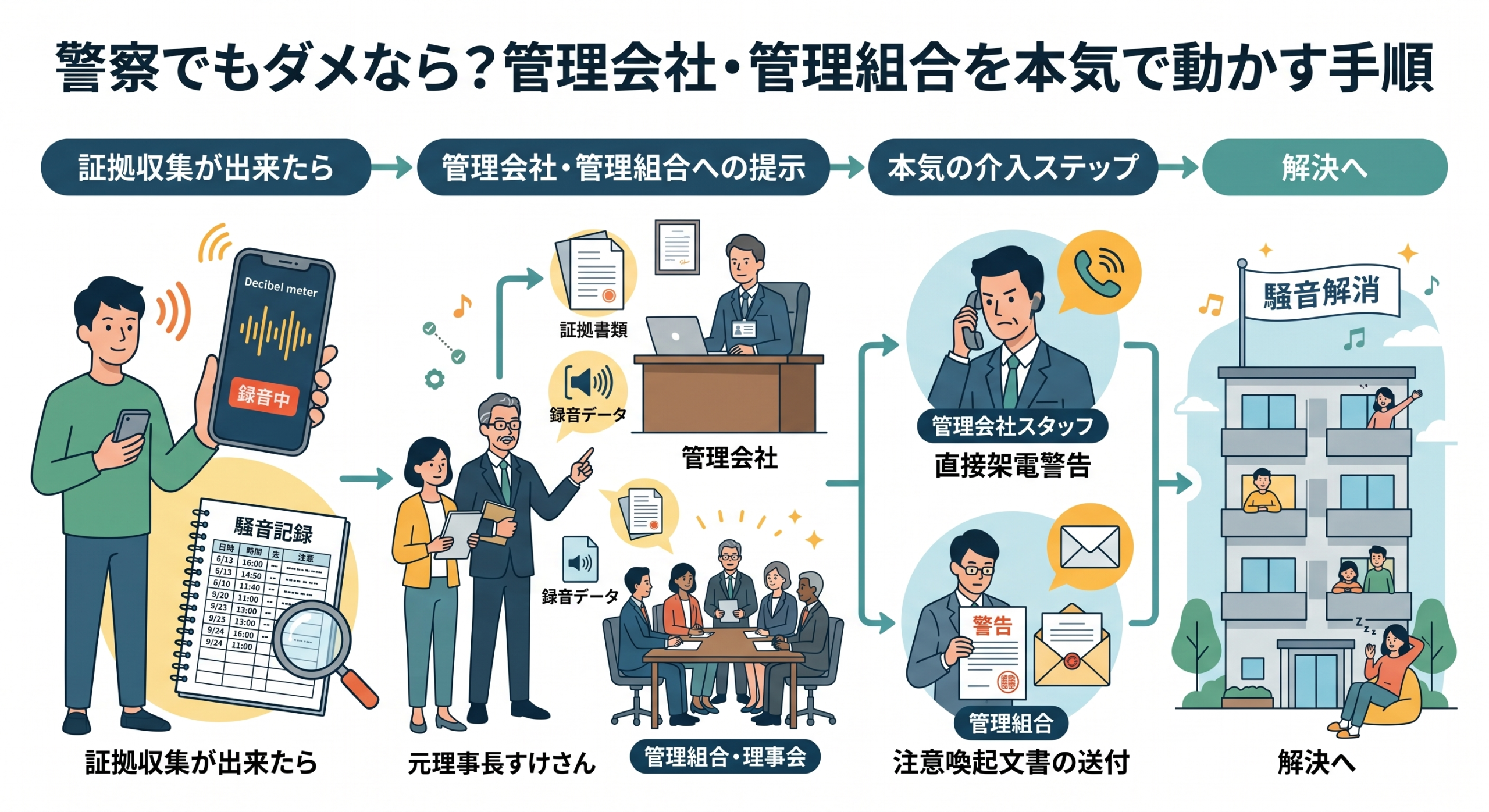 騒音トラブル解決の手順を図解。スマホでの証拠収集から始まり、記録データを管理会社や管理組合に提示して、直接の電話や警告文の送付によって騒音が解消されるまでの流れ