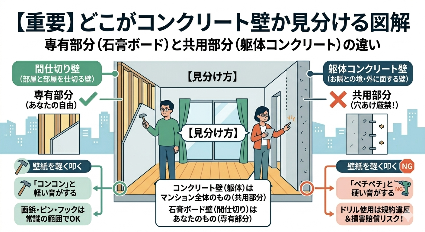 マンションのコンクリート壁を見分ける方法の図解。部屋を仕切る石膏ボード壁(専有部分・OK)と、お隣との境や外に面する躯体コンクリート壁(共用部分・NG)を、叩いた時の音や構造の違いで解説