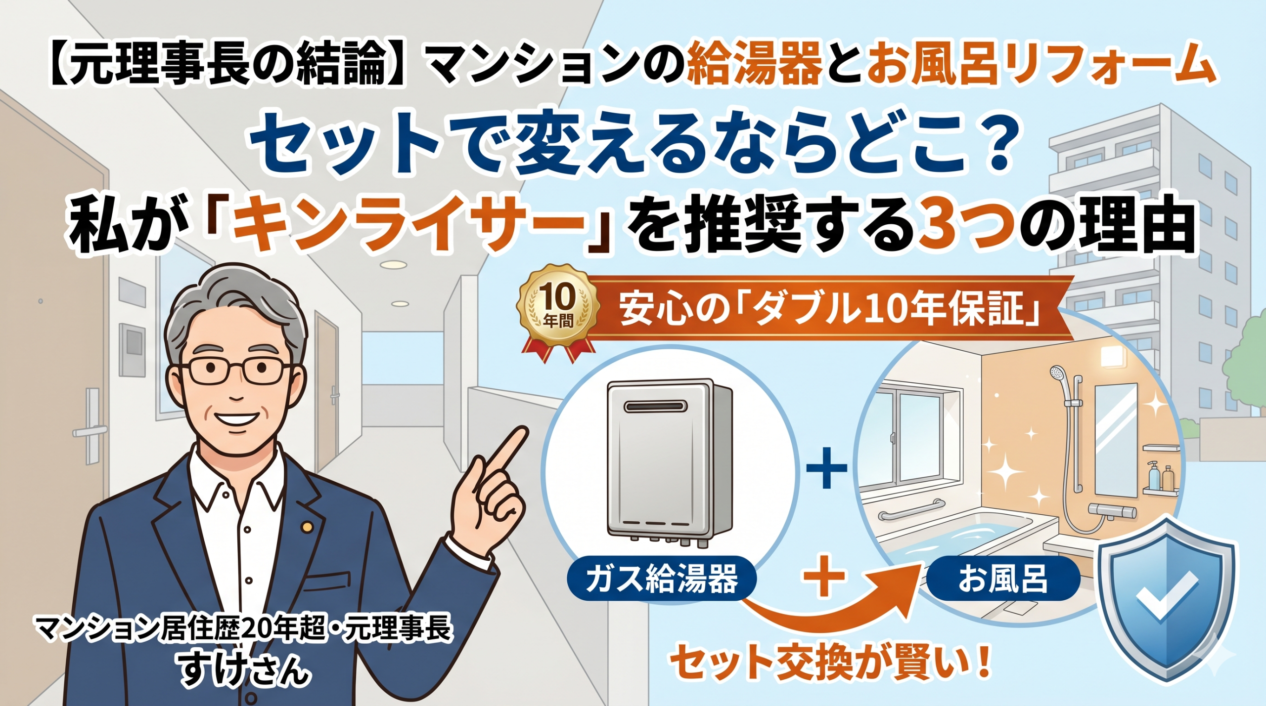 マンション元理事長が描かれたイラスト。ガス給湯器とお風呂リフォームをセットで交換するメリットと、キンライサーの10年保証の安心感を伝えるブログ記事のアイキャッチ画像。芸能人の写真は不使用。