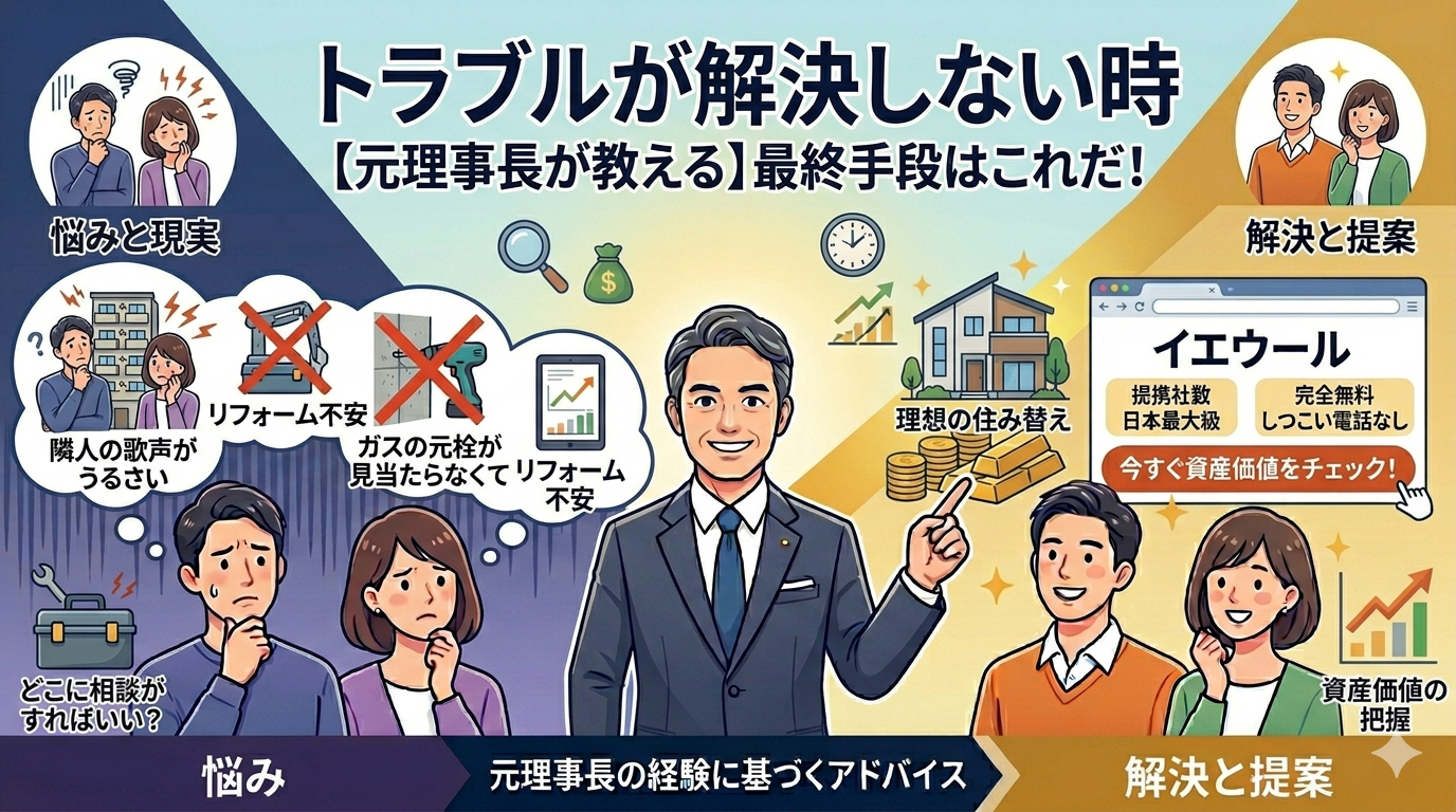 記事「【元理事長が教える】解決しないマンショントラブルの最終手段」用アイキャッチ用インフォグラフィックイラスト。中央に笑顔の元理事長すけさんが立ち、左側に騒音（隣人の歌声）や設備（ガス元栓、リフォーム不安）に悩む住民、右側に資産価値の把握、理想の住み替え、イエウール査定メリット（提携社数最大級、完全無料、しつこい電話なし）で解決する笑顔の住民とアイコンが描かれている。